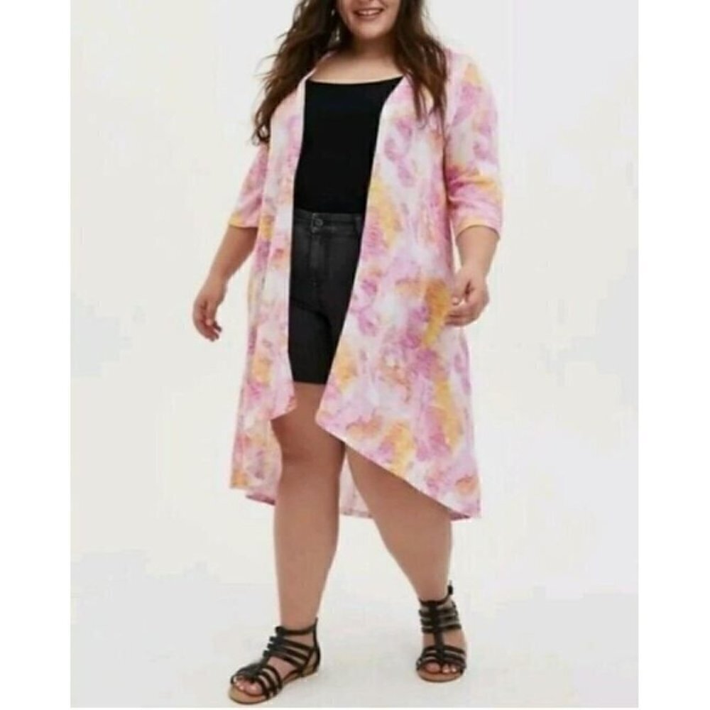 Torrid Sweater Womens 3X Orange Pink Watercolor Hacci Kimono Open Cardigan Boho